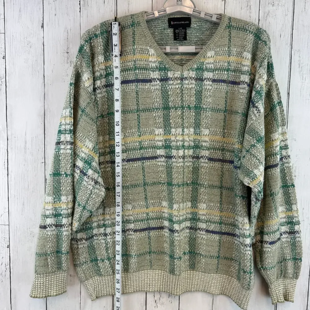 VTG Conte di Milano Green Plaid V-Neck Sweater Cosby Grandpa Italy Size Large